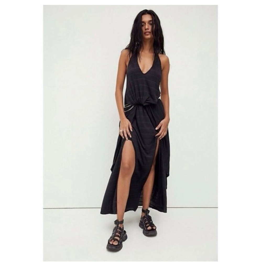Free People Beach Chrissy Halter Maxi Dress Black/Dark Grey Size Small